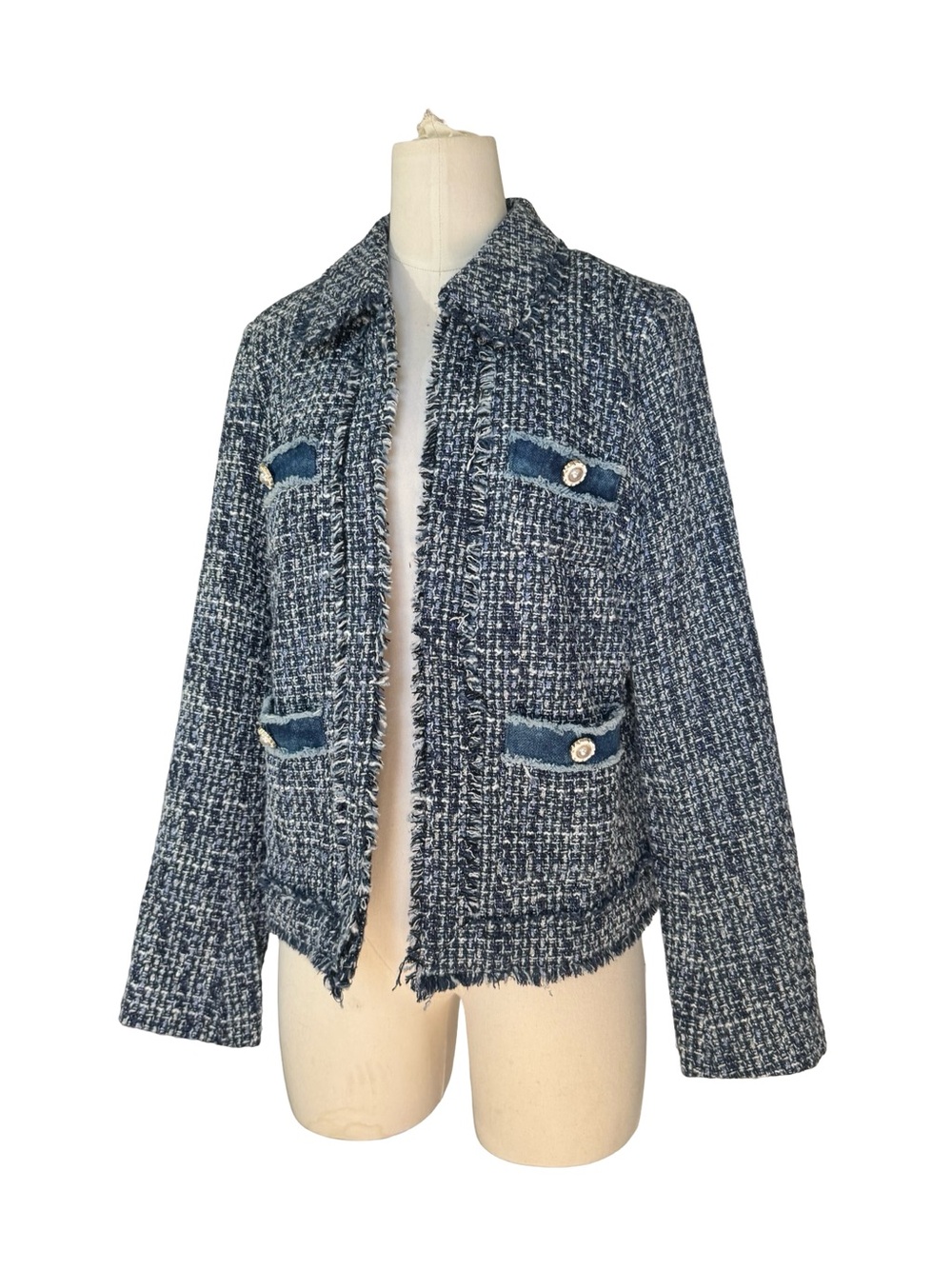 Nanette Lepore Blue‎ Tweed Jacket Women’s  Frayed Trim Metallic Blazer  Coat - Picture 3 of 9